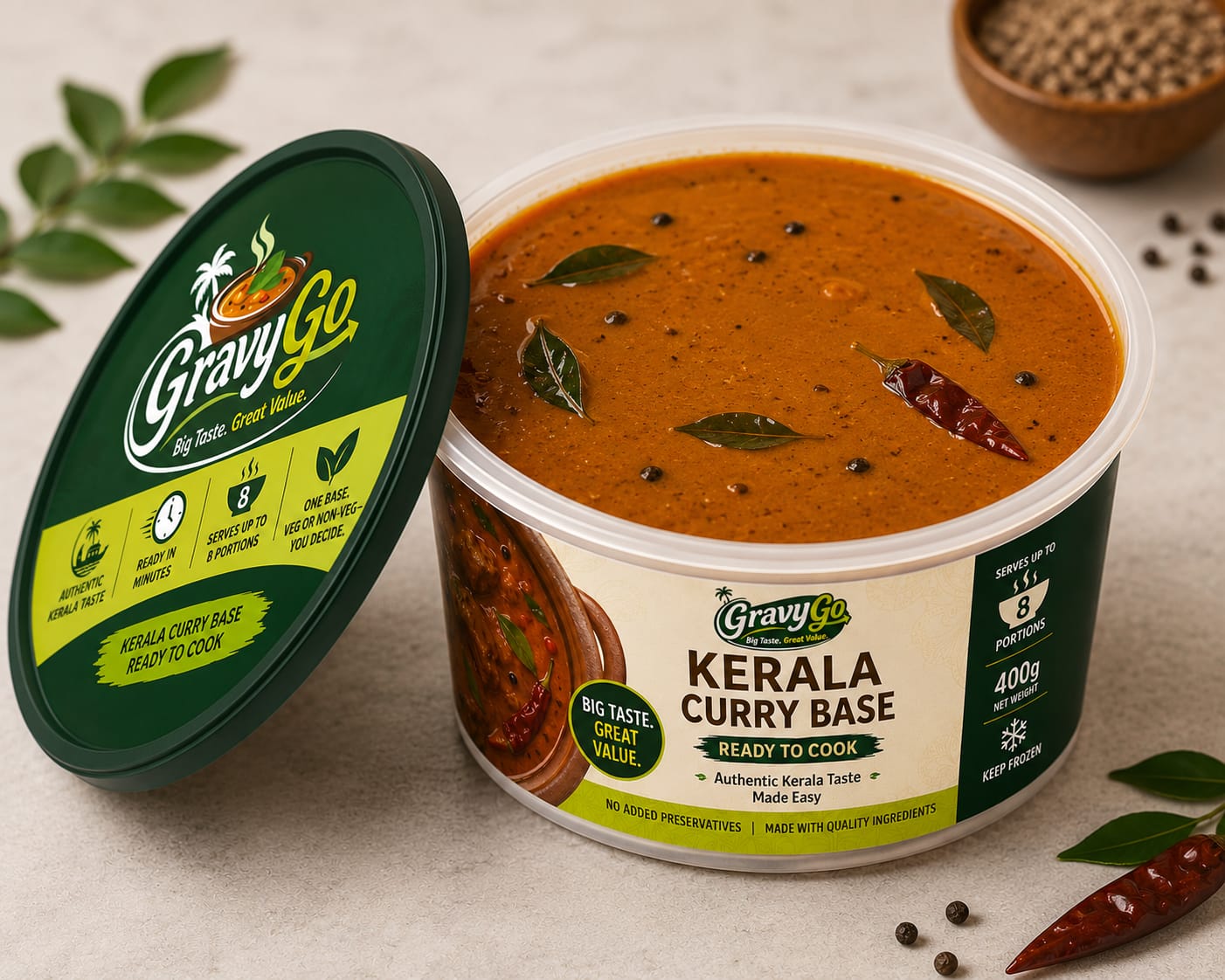 GravyGo Kerala Curry Base 400g tub, opened with lid showing the GravyGo label